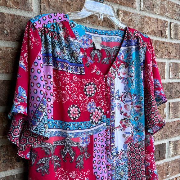 Chicos Patchwork Peplum Flutter-Sleeve Tosize 2P - Picture 6 of 9